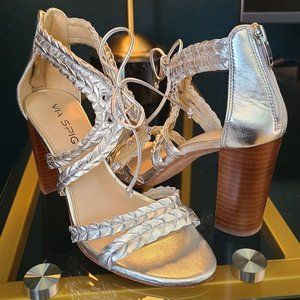Silver Via Spiga laced front cocktail heel